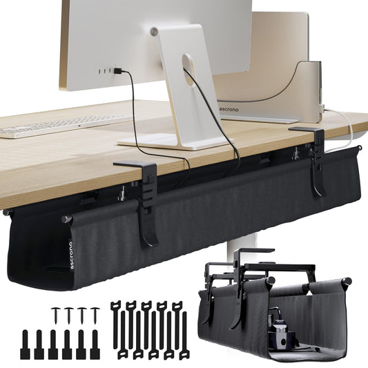 Ascrono CableCare No Drill Under Desk Cable Management Tray 27.3" -for Desk Wire Management - Premium Black Fabric to Hide Cords - Clamp/Screw Mount - Supports Upto 66lbs - Cable Management Under Desk